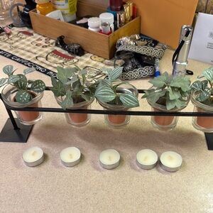 Vintage Black Metal tea light or Planter with Green Faux Plants